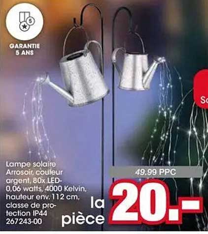 Lampe solaire Arrosi, couleur argent, 80x LED-0,06 watts, 4000 Kelvin, hauteur env. 112 cm, classe de protection IP44 267243-00