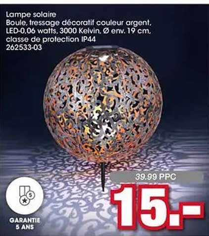 Lampe solaire Boule, tressage décoratif couleur argent, LED-0,06 watts, 3000 Kelvin, Ø env. 19 cm, classe de protection IP44 262533-03