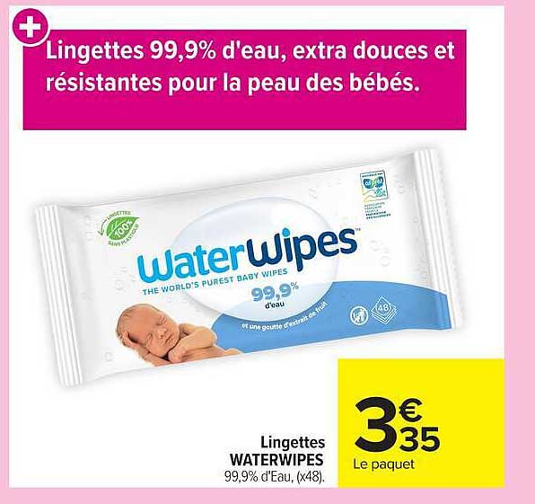 Lingettes 99,9% d'eau, extra douces et résistantes pour la peau des bébés.