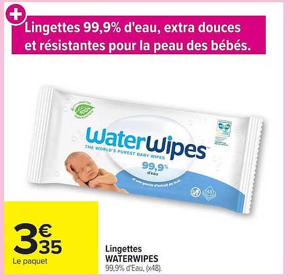 Lingettes 99,9% d'eau, extra douces et résistantes pour la peau des bébés.