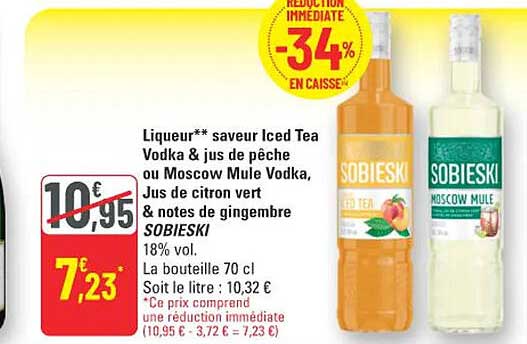 Liqueur** saveur Iced Tea Vodka & jus de pêche ou Moscow Mule Vodka, Jus de citron vert & notes de gingembre SOBIESKI
