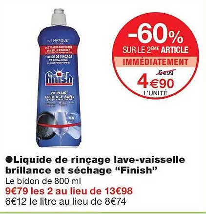 Liquide de rinçage lave-vaisselle brillance et séchage “Finish”