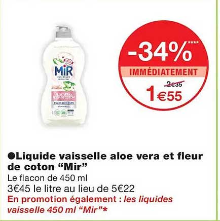 Liquide vaisselle aloe vera et fleur de coton “Mir”