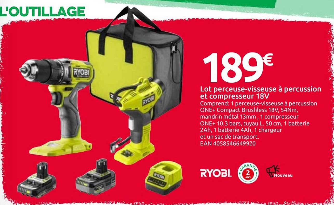 Lot perceuse-visseuse à percussion et compresseur 18V