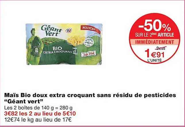 Maïs Bio doux extra croquant sans résidu de pesticides “Géant vert”