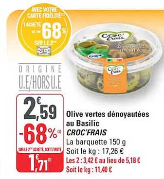 Olive vertes dénoyautées au Basilic CROC’FRAIS