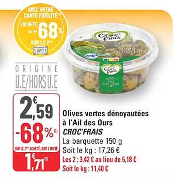 Olives vertes dénoyautées à l'Ail des Ours CROC'FRAIS