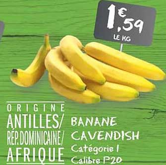 ORIGINE ANTILLES/ RÉP.DOMINICAINE/ AFRIQUE BANANE CAVENDISH Catégorie I calibre P20