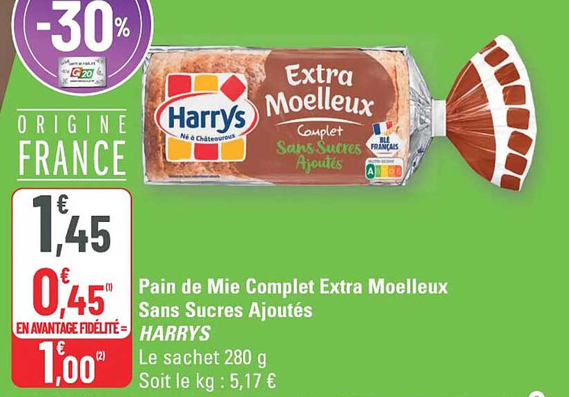 Pain de Mie Complet Extra Moelleux Sans Sucres Ajoutés HARRYS Le sachet 280 g Soit le kg : 5,17 €