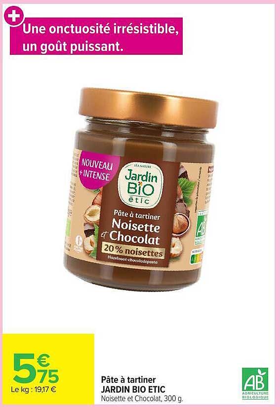 Pâte à tartiner JARDIN BIO ETIC Noisette et Chocolat, 300 g.