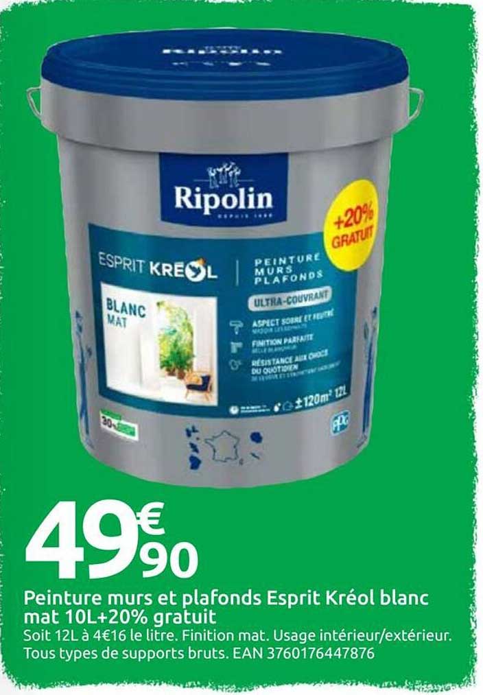 Peinture murs et plafonds Esprit Kréol blanc mat 10L+20% gratuit