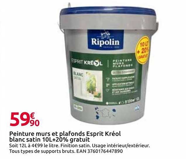 Peinture murs et plafonds Esprit Kréol blanc satin 10L+20% gratuit