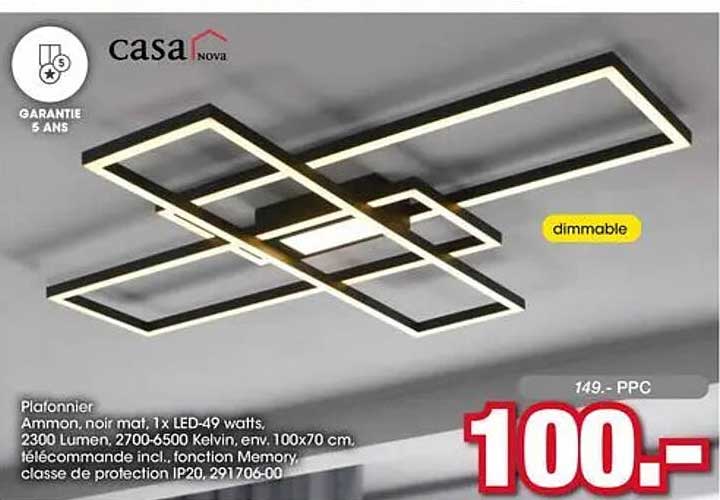 Plafonnier Ammon, noir mat, 1x LED-49 watts, 2300 Lumen, 2700-6500 Kelvin, env. 100x70 cm, télécommande incl., fonction Memory, classe de protection IP20, 291706-00