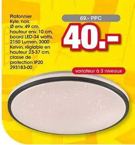 Plafonnier Kyle, noir, Ø env. 49 cm, hauteur env. 10 cm, board LED-34 watts, 2150 Lumen, 3000 Kelvin, réglable en hauteur 23-37 cm, classe de protection IP20 293183-00