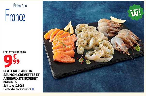 PLATEAU PLANCHA SAUMON, CREVETTES ET ANNEAUX D'ENCORNET MARINÉS