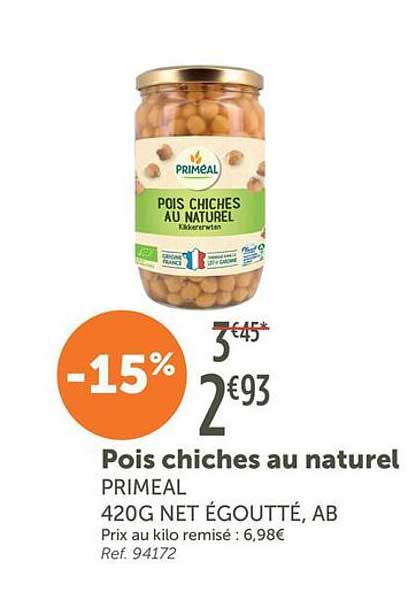 Pois chiches au naturel PRIMEAL 420G NET ÉGOUTTÉ, AB