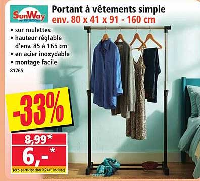 Portant à vêtements simple env. 80 x 41 x 91 - 160 cm