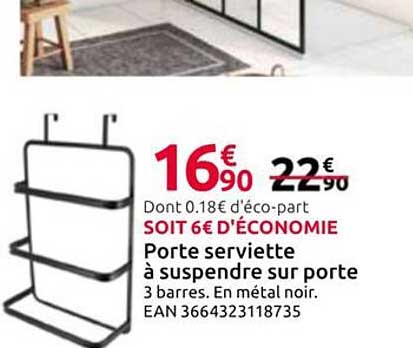 Porte serviette à suspendre sur porte 3 barres. En métal noir.