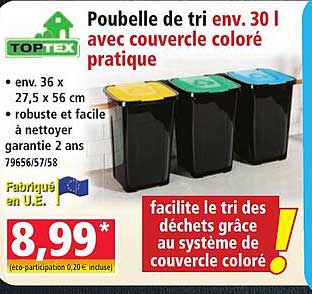 Poubelle de tri env. 30 l avec couvercle coloré pratique