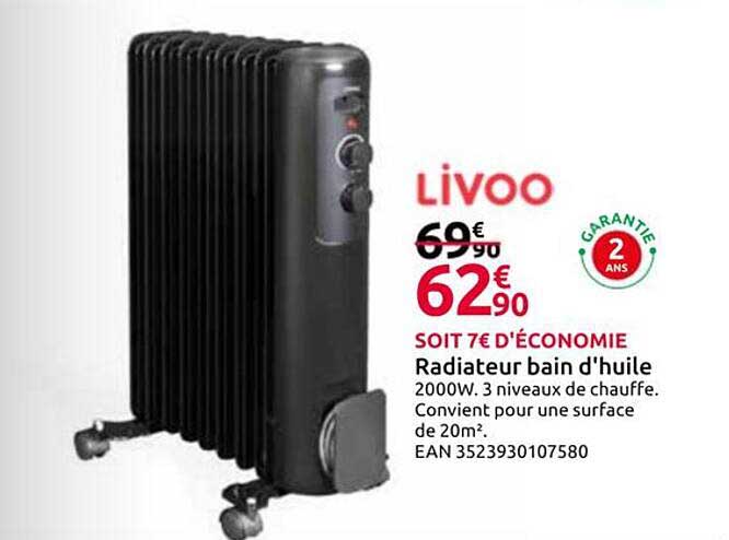 Radiateur bain d'huile 2000W. 3 niveaux de chauffe. Convient pour une surface de 20m².