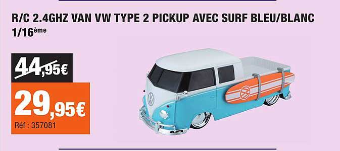R/C 2.4GHZ VAN VW TYPE 2 PICKUP AVEC SURF BLEU/BLANC 1/16ème