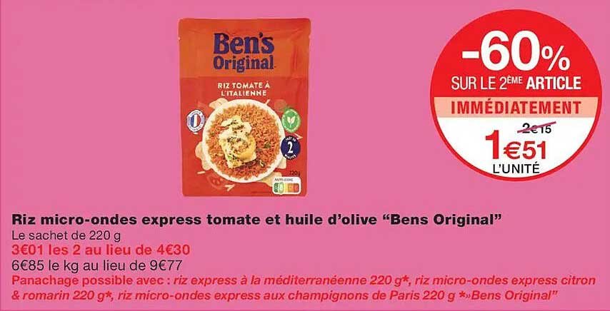 Riz micro-ondes express tomate et huile d’olive “Bens Original”
