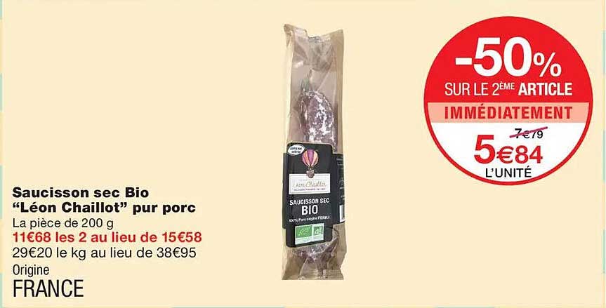 Saucisson sec Bio “Léon Chaillot” pur porc