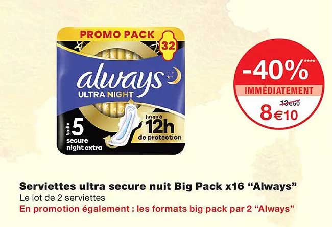 Serviettes ultra secure nuit Big Pack x16 “Always”