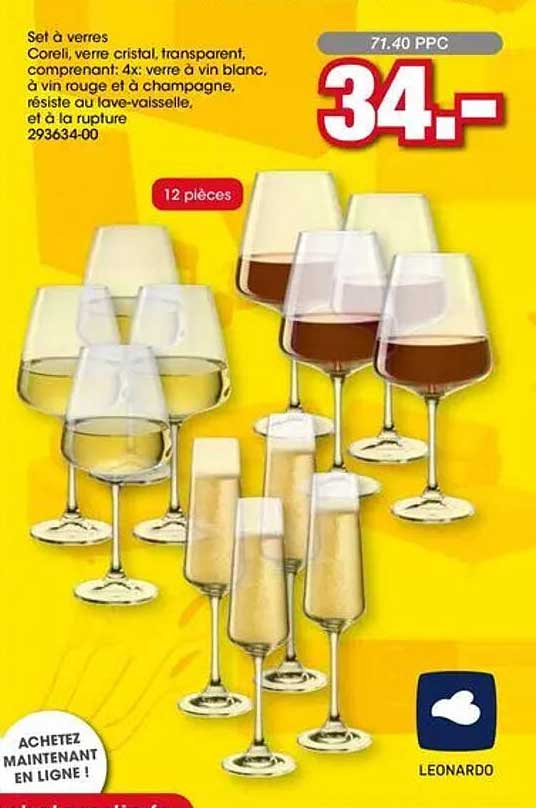 Set à verres Coreli, verre cristal, transparent, comprenant: 4x verre à vin blanc, à vin rouge et à champagne, résiste au lave-vaisselle, et à la rupture 293634-00