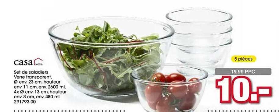 Set de saladiers Verre transparent, Ø env. 23 cm, hauteur env. 11 cm, env. 2600 ml, 4x Ø env. 13 cm, hauteur env. 8 cm, env. 480 ml 291793-00