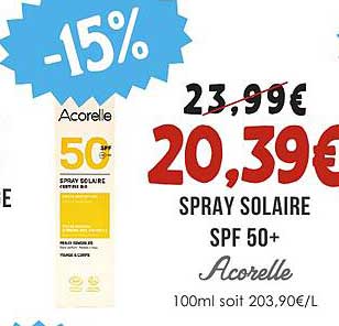 SPRAY SOLAIRE SPF 50+ Acorelle 100ml soit 203,90€/L