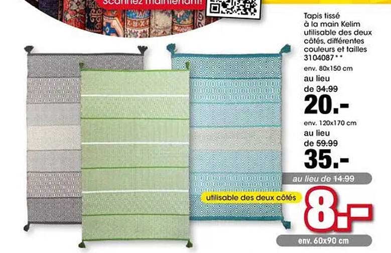 Tapis tissé à la main Kelim utilisable des deux côtés, différentes couleurs et tailles 3104087*