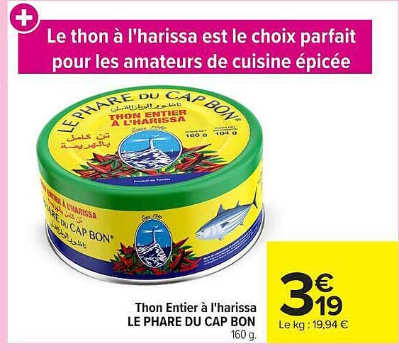 Thon Entier à l'harissa LE PHARE DU CAP BON 160 g.
