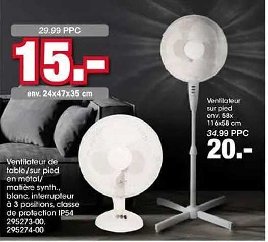 Ventilateur de table/sur pied en métal/matière synth., blanc, interrupteur à 3 positions, classe de protection IP54 295273-00, 295274-00