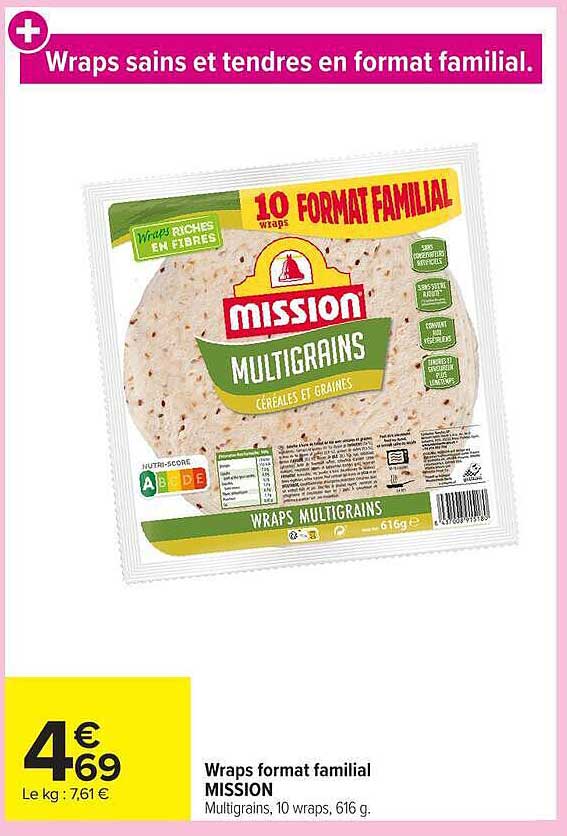 Wraps format familial MISSION Multigrains, 10 wraps, 616 g.