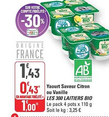 Yaourt Saveur Citron Ou Vanille LES 300 ACTIFS BIO