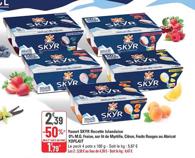 Yaourt SKYR Recette Islandaise 0% M.G. Fraise, sur lit de Myrtille, Citron, Fruits Rouges ou Abricot YOPLAIT