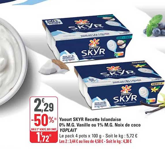Yaourt SKYR Recette Islandaise 0% M.G. Vanille ou 1% M.G. Noix de coco YOPLAIT