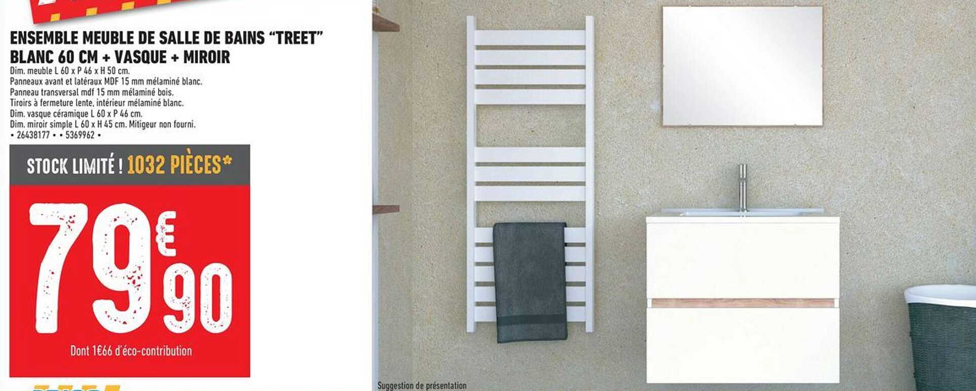 ENSEMBLE MEUBLE DE SALLE DE BAINS "TREET" BLANC 60 CM + VASQUE + MIROIR