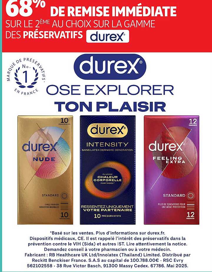 68% DE REMISE IMMÉDIATE SUR LE 2ÈME AU CHOIX SUR LA GAMME DES PRÉSERVATIFS DUREX