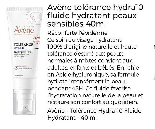 Avène tolérance hydra10 fluide hydratant peaux sensibles 40ml