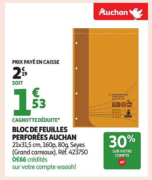 BLOC DE FEUILLES PERFORÉES AUCHAN