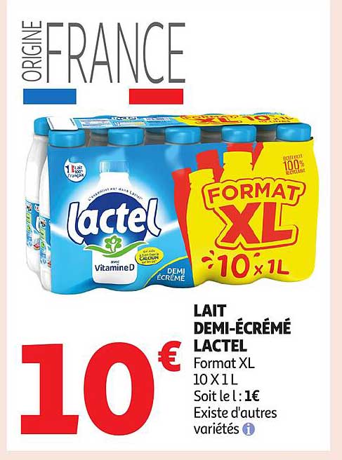 LAIT DEMI-ÉCRÉMÉ LACTEL FORMAT XL 10 X 1 L
