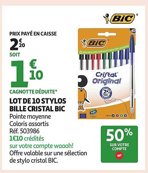 LOT DE 10 STYLOS BILLE CRISTAL BIC