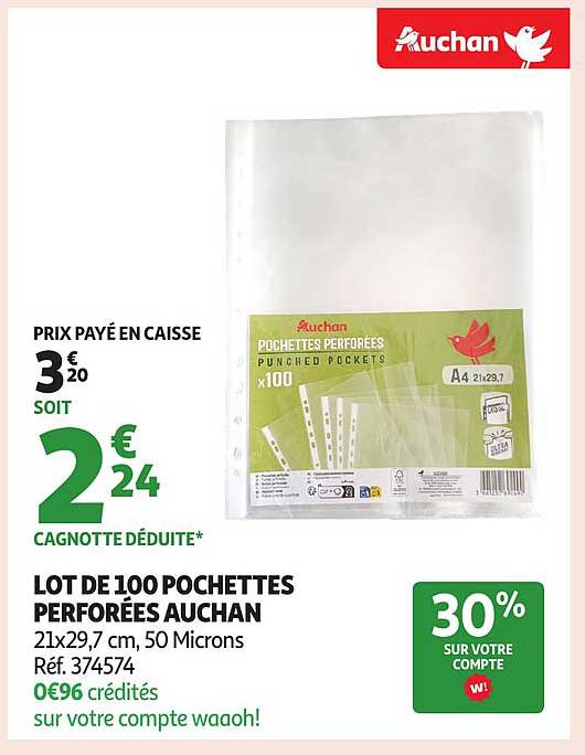 LOT DE 100 POCHETTES PERFORÉES AUCHAN