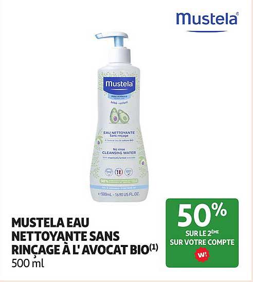 MUSTELA EAU NETTOYANTE SANS RINÇAGE À L'AVOCAT BIO(1) 500 ML