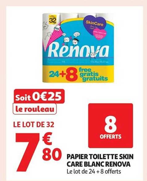 PAPIER TOILETTE SKIN CARE BLANC RENOVA Le lot de 24 + 8 offerts