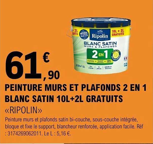 PEINTURE MURS ET PLAFONDS 2 EN 1 BLANC SATIN 10L+2L GRATUITS