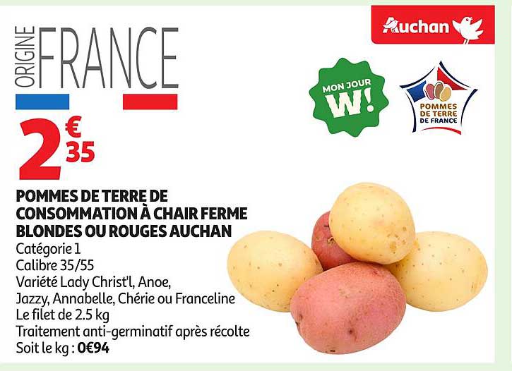 POMMES DE TERRE DE CONSOMMATION À CHAIR FERME BLONDES OU ROUGES AUCHAN