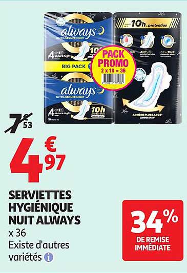 SERVIETTES HYGIÉNIQUE NUIT ALWAYS x 36